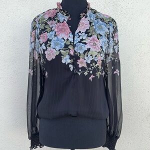New Haver & Blair Black Floral High Neck Long Sleeve Blouse XS